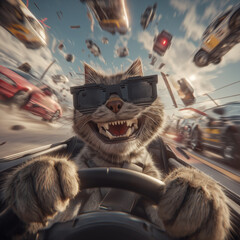 Thrilled Cat Driver in a Chaotic Race