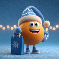 Happy Orange Character with Winter Shopping Bag