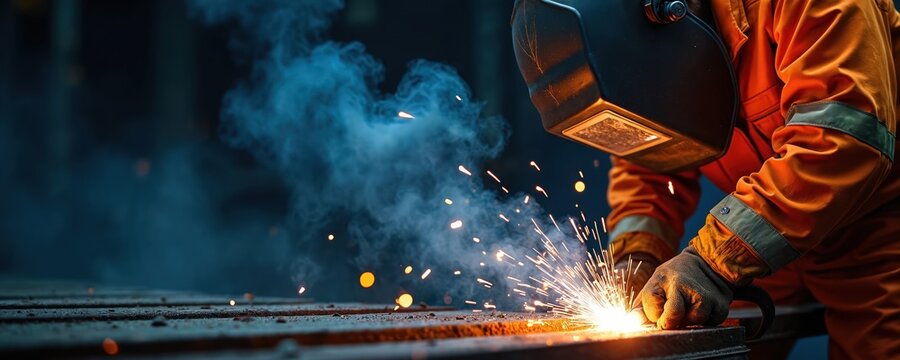 Welder at work during process. Sparks and smoke illuminate the scene. Industrial worker in protective gear welds metal construction. Steel structure manufacturing. Welding creates sparks in workshop. - Powered by Adobe