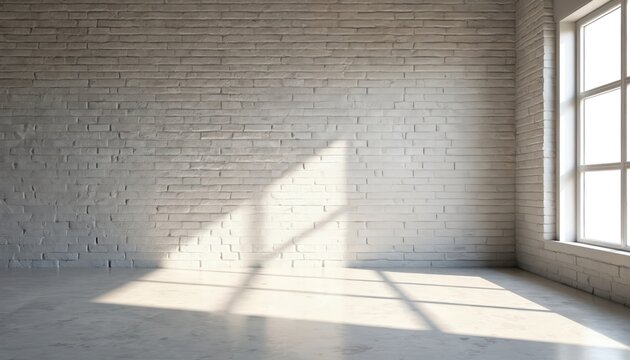 Empty room with white brick wall and large window. Sunlight shines through window casting shadows on wall and floor. Minimalist interior with blank background for online presentations and video calls.