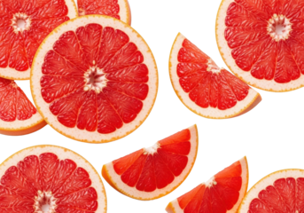 Vibrant ruby-red grapefruit slices, whole cross-sections revealing star-like pattern and juicy segments, artful wedges, isolated on a crisp white background with copy space. Concept of fresh citrus