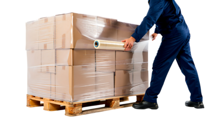 Worker in blue uniform wrapping cardboard boxes on wooden pallet with stretch film isolated on transparent background