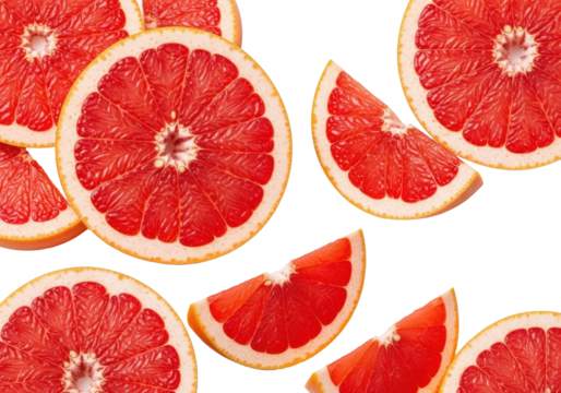 Vibrant ruby-red grapefruit slices, whole cross-sections revealing star-like pattern and juicy segments, artful wedges, isolated on a crisp white background with copy space. Concept of fresh citrus