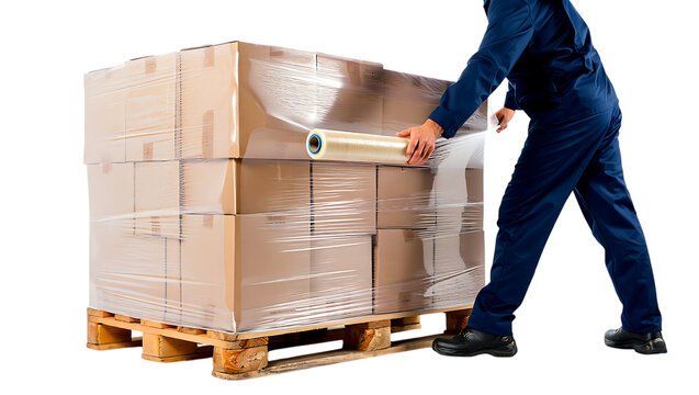 Worker in blue uniform wrapping cardboard boxes on wooden pallet with stretch film isolated on transparent background