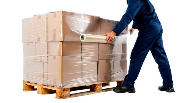 Worker in blue uniform wrapping cardboard boxes on wooden pallet with stretch film isolated on transparent background