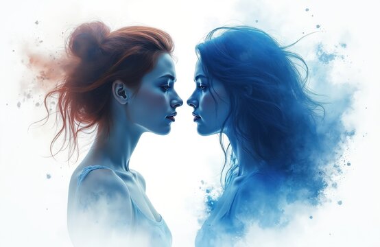 Two women in profile face each other. One has red hair, the other dark hair. Blue and orange wisps surround heads. Represents duality and connection.