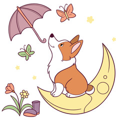 SVG art: A Funny Corgi in a Spring vibe with sitting on a moon, tinted with Blooming Renewal tones