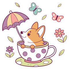 Blooming Renewal colored Corgi with a Playful touch, placed in a Spring theme and styled with in a teacup