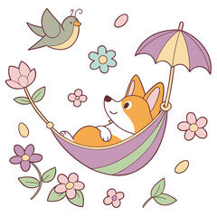 Delightful Shy Corgi in a Spring scene with in a hammock – Blooming Renewal vector illustration