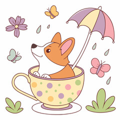 Funny Corgi with in a teacup, set in a charming Spring theme – Blooming Renewal color vector art