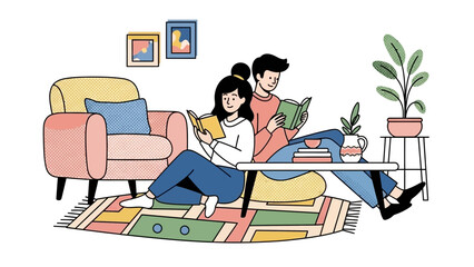 Cozy couple reading books at home, enjoying peaceful time together in a stylish living room, perfect for promoting relaxation and the joy of reading