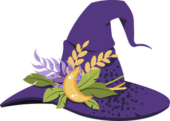 Witch Hat with Botanical Leaves Flat Vector Illustration Isolated on White. Magic Ritual Item for Halloween Stickers, Party Decor, Spell Book Designs, and Mystic Branding. Traditional witch clothing