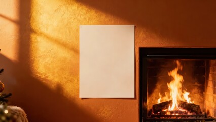 Fototapeta premium Blank canvas near a cozy fireplace with warm lighting.