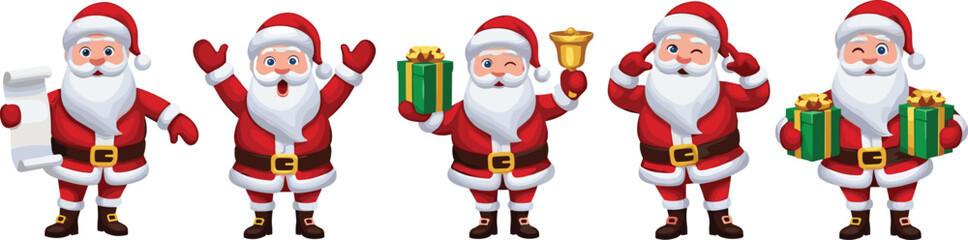 Collection of Cute Santa Claus Poses, Merry Christmas and Happy New Year Cartoon Characters Holding Gifts, Bell, and Wish List, Festive Illustration