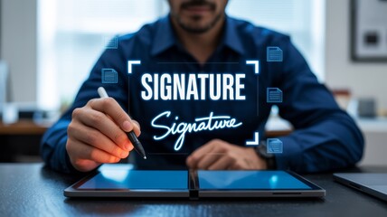 A person is digitally signing a document on a tablet, with the word "SIGNATURE" prominently displayed on the screen.