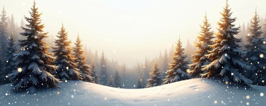 Snowy winter landscape with fir trees in frosty forest at snowfall. Snowflakes fall on coniferous trees. Christmas scenery with snowy trees in cold weather at winter season morning.