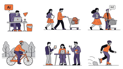 Fototapeta premium Diverse lifestyles in vector art showcasing work, shopping, outdoor activities, and collaboration, ideal for modern design, marketing, and business projects