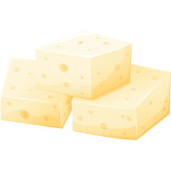 Three Creamy Yellow Cheese Cubes Stacked Together With Small Circular Holes On Their Surfaces Illuminated By Soft Light Against A White Background