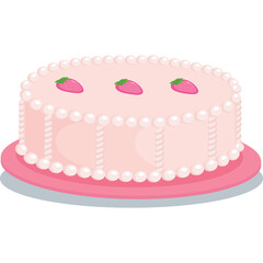 Pixel Art Pink Strawberry Cake With White Pearl Frosting Border And Pink Base Isolated On Transparent Background Digital Illustration