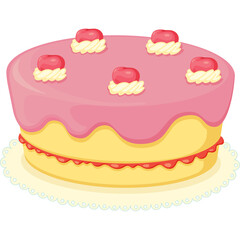 Round Layer Cake with Pink Frosting Yellow Cake and Red Jam Filling Decorated with Whipped Cream and Cherries on a White Lace Doily Transparent Background