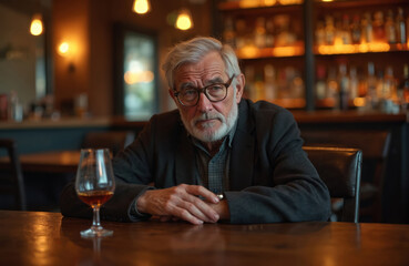 An older man sits alone at a bar with a glass of brandy. He looks directly at the camera with a sad expression. The man looks serious deep in thought about his life.