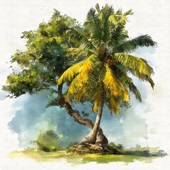 Tropical seaside coconut palm watercolor high resolution picture