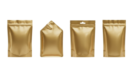 Four blank, glossy gold foil stand-up pouches and flexible packaging bags on transparent studio background, highlighting zip-lock, tear-notch, and sealed tops, premium packaging concept for