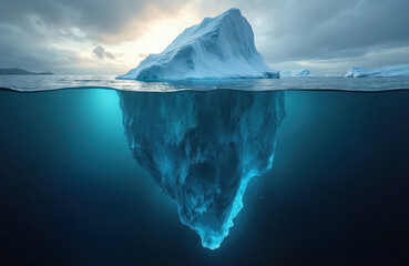 Illustration of an iceberg above below water. Dark, cold, abstract illustration depicts climate change underwater risks. Global warming and environmental protection themes visualized.