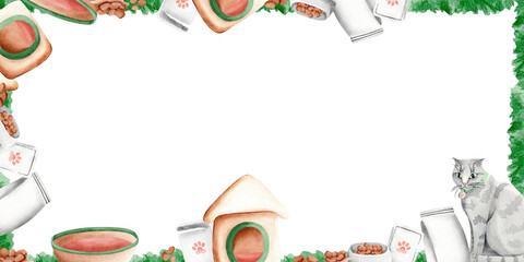 A rectangular banner featuring a gray tabby cat, its house, bed, bowl, and food. The watercolor board features accessories for a comfortable cat life indoors. A simple illustration in pastel colors.