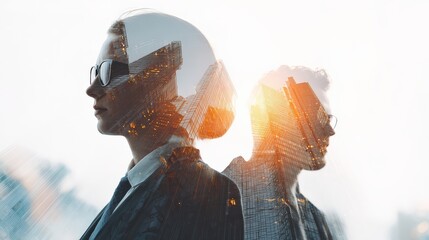A double exposure image featuring two professionals in suits, with a city skyline overlay, embodying a modern and dynamic business environment.