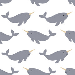 Cute narwhals swim playfully across a light background in a fun, whimsical design ideal for children's decor or fabric © SmartArtStudio