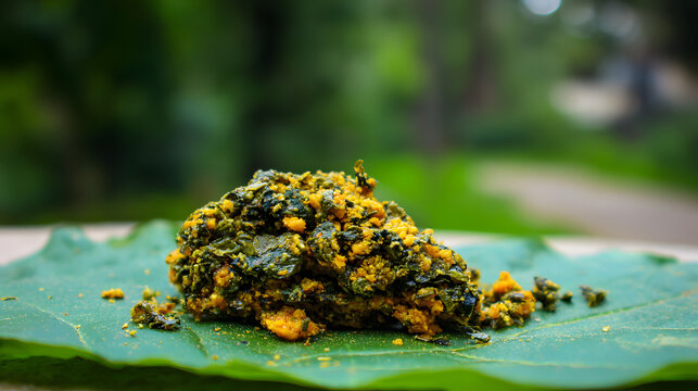 concoction. Crushed medicinal herbs mixed into a paste on a large leaf. menu design, packaging mockups, designed for culinary blogs and recipe cards for restaurants, simplifies recipe learning.