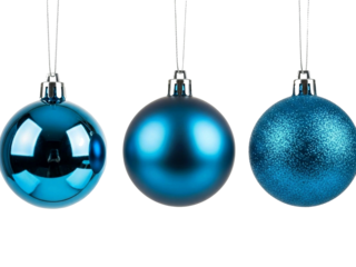 Three blue Christmas ornaments  transparent background