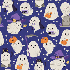 Halloween Seamless Pattern with Cute Ghost Vampire, Witch, Reaper, Tombstone, Pumpkin, Cat, Candy Seamless Pattern. Repeat Background for Textile, Party Decor, Gift Wrap and Festive Design.