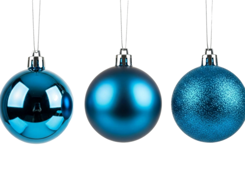 Three blue Christmas ornaments transparent background