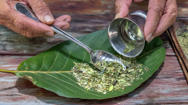 concoction. Crushed medicinal herbs mixed into a paste on a large leaf. menu design, packaging mockups, designed for culinary blogs and recipe cards for restaurants, simplifies recipe learning.