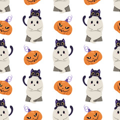 Cute Ghost with Black Cat and Pumpkin Seamless Pattern. Halloween Repeat Background for Textile, Gift Wrap, Party Decor, Scrapbooking and Festive Design