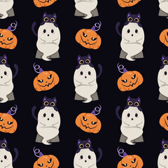 Cute Ghost with Black Cat and Pumpkin Seamless Pattern. Halloween Repeat Background for Textile, Gift Wrap, Party Decor, Scrapbooking and Festive Design
