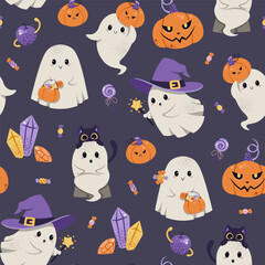 Cute Ghosts with Pumpkins, Black Cat, Candy and Witch Hats Seamless Pattern. Halloween Festive Background for Textile, Party Decor, Gift Wrap, Scrapbooking and Holiday Design