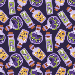 Magical Potion Bottles Seamless Pattern with Elixirs, Spell Jars and Mystic Ingredients. Occult Halloween Background for Gift Wrap, Textile, Wallpaper Design and Magic Branding