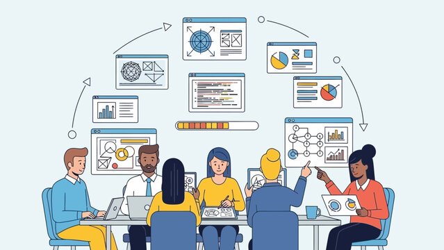 Dynamic team collaborating on data analytics and strategy, fostering innovation and achieving project milestones in a modern workspace, focused and driven