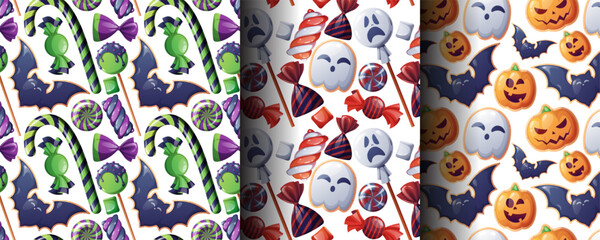 Halloween Sweets Seamless Pattern Set with Pumpkin,Ghost, Bat Candy, Lollipops and Treats. Spooky Background for Textile Design, Wallpaper, Gift Wrap and Party Decor
