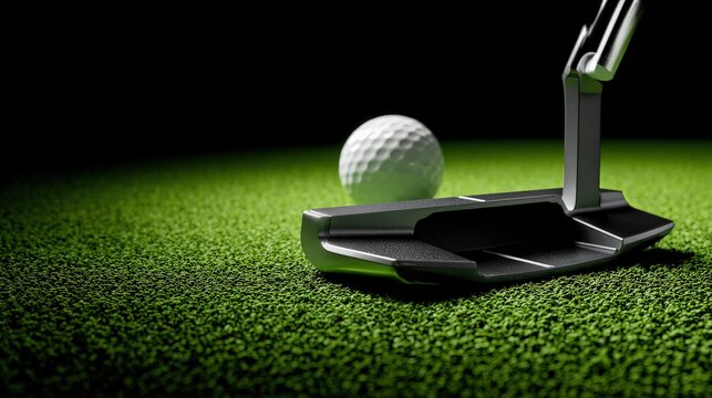 A close-up of a golf putter poised to strike a white golf ball on a vibrant green putting surface, highlighting precision in the sport.