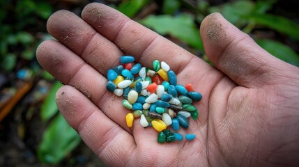 A hand holds a collection of colorful pebbles, contrasting against a blurred green background, suggesting a connection to nature and natural beauty.