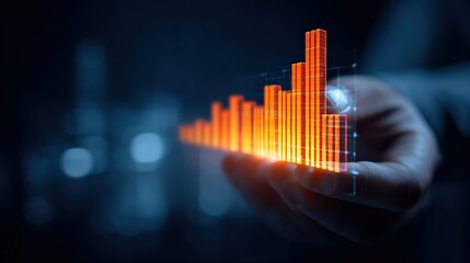 A hand holds a glowing, digital bar graph, representing data analysis and visualization in a dark environment, emphasizing technology and innovation.