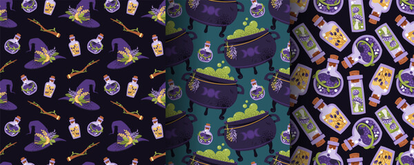 Mystic Halloween Seamless Pattern Set with Witchcraft Elements. Cauldron, Potions, Witch Hat and Magic Accessories. Flat Design Occult Backgrounds for Textile, Gift Wrap, Party Decor.