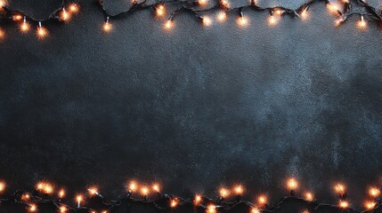 dark textured background with warm, glowing orange string lights delicately arranged along the edges, creating a festive and cozy atmosphere.