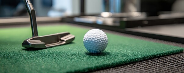 A close-up of a golf ball on green turf next to a putter, showcasing the precision and focus in a golfing environment.