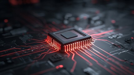 A close-up image of a microchip surrounded by red circuitry, showcasing technology and intricate design in a dark setting.