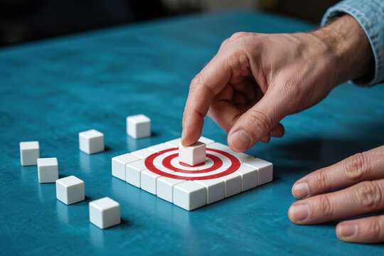 Individual places a white cube precisely onto the center of a red and white target built from small blocks